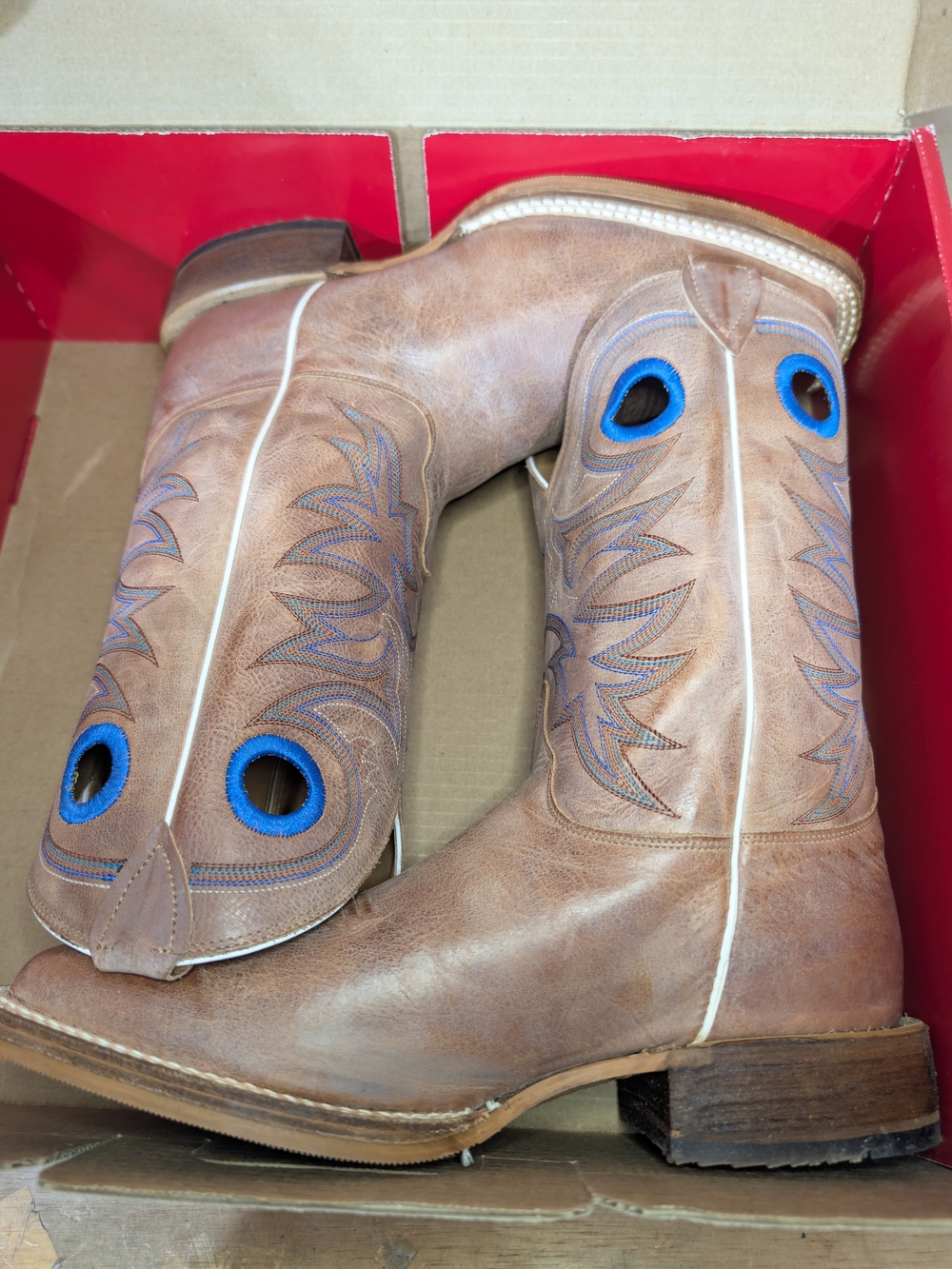 Justin Boots Brown Leather Cowboy Boots with Blue Accents